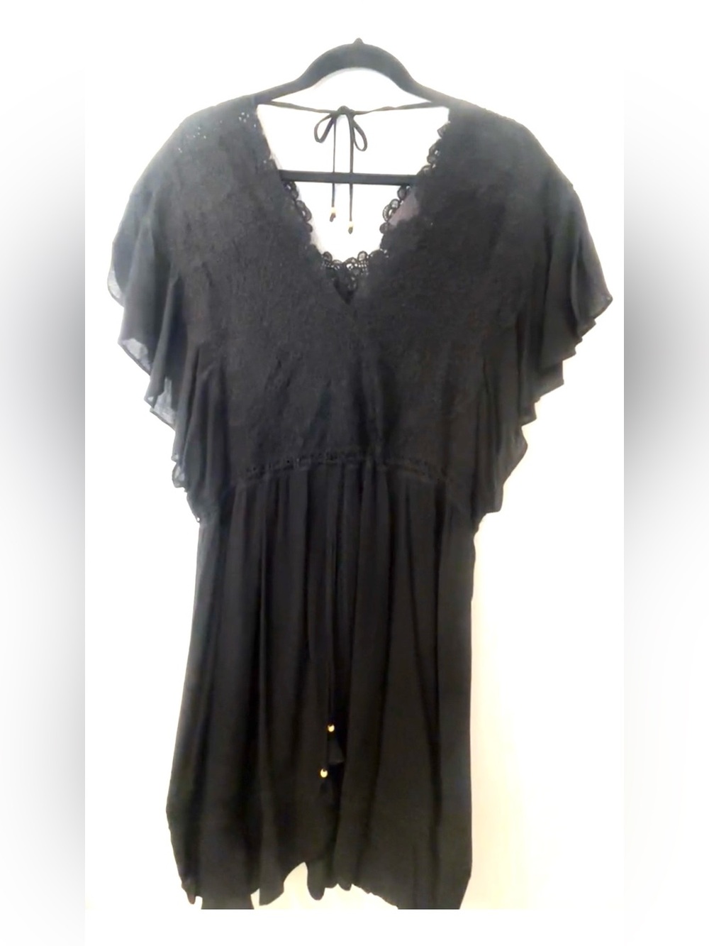 Hale Bob Black Lace Adjustable Tie Empire Dress Large PTP 20”-22” Length 40”EUC